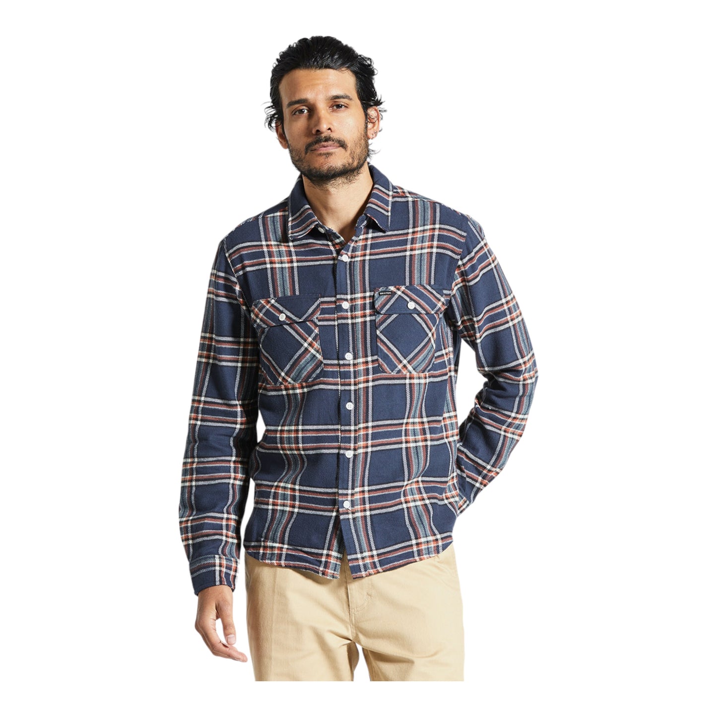 Brixton - Bowery L/S Flannel - Washed Navy / Off White / Terracotta