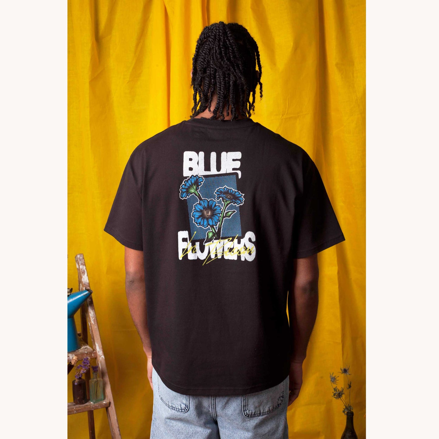 Blue Flowers In Bloom T-Shirt - Black